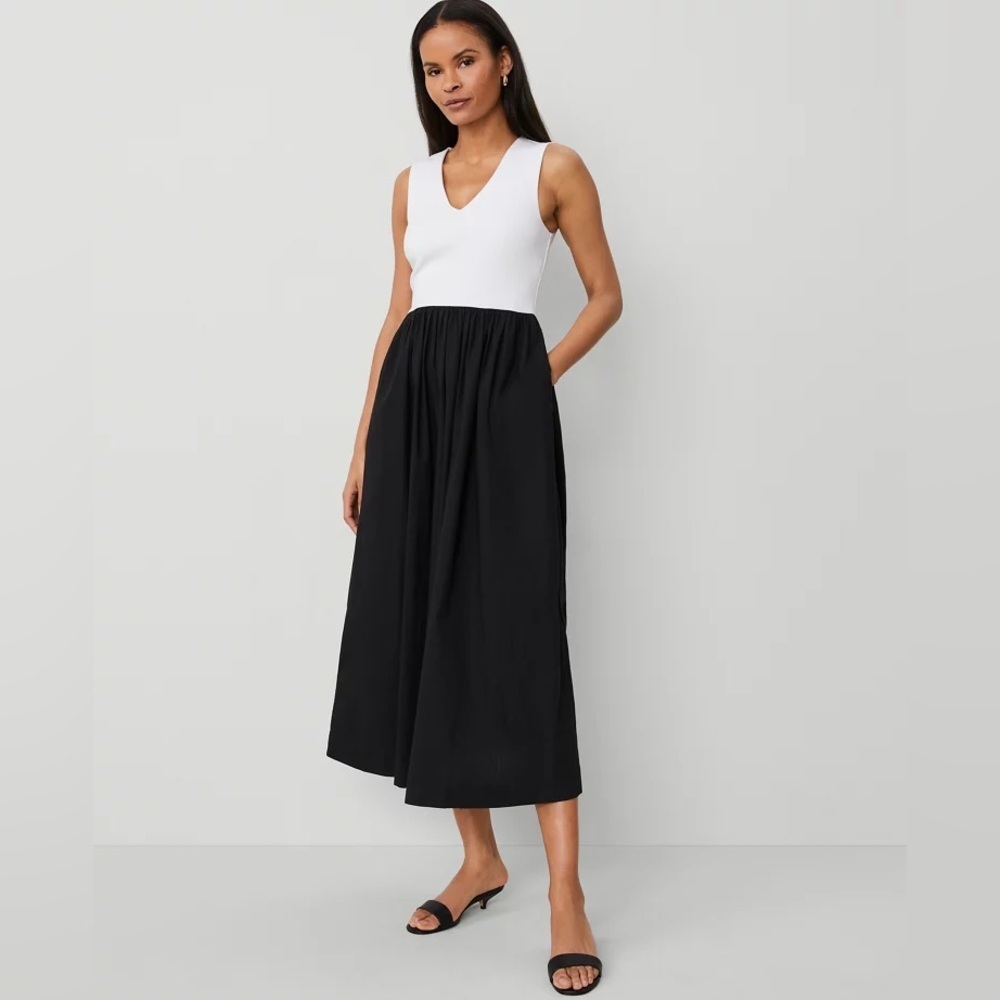 Ann Taylor V-Neck Mixed Media Flare Dress